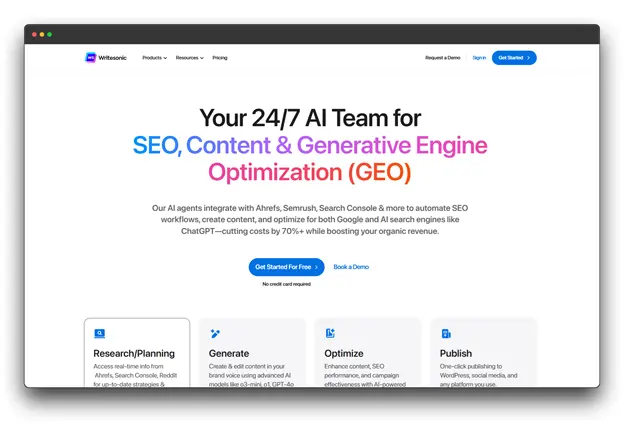 
A screenshot of the Writesonic website homepage, highlighting its "Your 24/7 AI Team for SEO, Content & Generative Engine Optimization (GEO)" services. The page details features like "Research/Planning," "Generate," "Optimize," and "Publish" content, indicating AI integration with tools like Ahrefs and Semrush. Keywords: AI Writer, Best AI writer for Essays, AI Writer for Essays.
