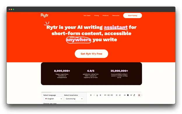 A screenshot of the Rytr.me website, featuring a bold orange section with the text "Rytr is your AI writing assistant for short-form content, accessible anywhere you write." Below, statistics show "8,000,000+ happy copywriters," "4.9/5 satisfaction rating," and "25,000,000+ hours and $800 million+ saved." Keywords: AI Writer, Best AI writer for Essays, AI Writer for Essays.


Sources





