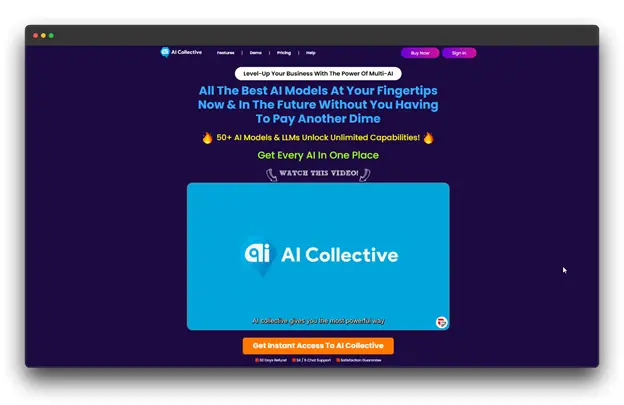 A website landing page for "AI Collective" featuring text about accessing AI models and a video player.

Keywords: "AI Book Writing Assistant"; "Writing Assistant"; "AI Writing Assistant"