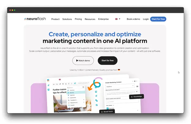 Neuroflash website homepage with the headline "Create, personalize and optimize marketing content in one AI platform." Keywords: "AI Book Writing Assistant"; "Writing Assistant"; "AI Writing Assistant"