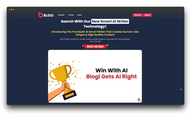 
A screenshot of the Blogi website homepage, displaying a dark blue background and the headline "Search With Our New Smart AI Writer Technology!" It promotes "The First Multi-AI Smart Writer That Creates Human-Like Unique & High Quality Content." Keywords: AI Writer, Best AI writer for Essays, AI Writer for Essays.