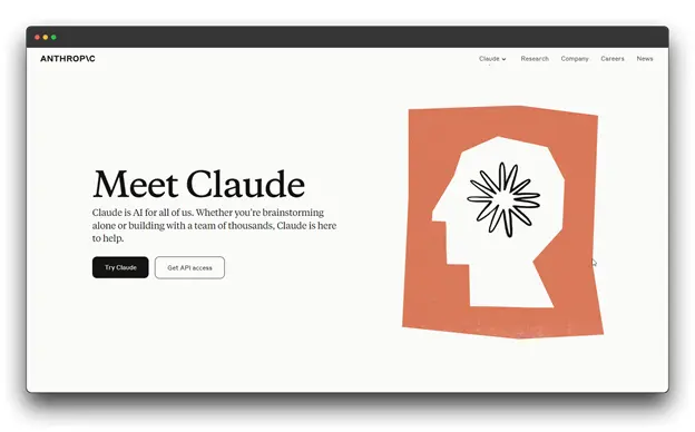 Anthropic website homepage featuring Claude, an AI assistant. The page includes a stylized image of a head and the text 'Meet Claude.' There are also buttons to try Claude and get API access and it is a ChatGPT Alternative for Coding: