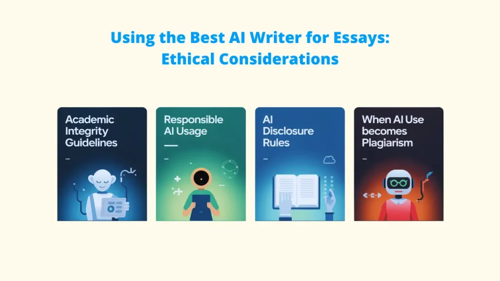 
The image displays four stylized icons representing ethical considerations for using AI writers for essays, including Academic Integrity Guidelines, Responsible AI Usage, AI Disclosure Rules, and When AI Use becomes Plagiarism. Keywords: AI Writer for Essays, Best AI writer for Essays, AI Writer.