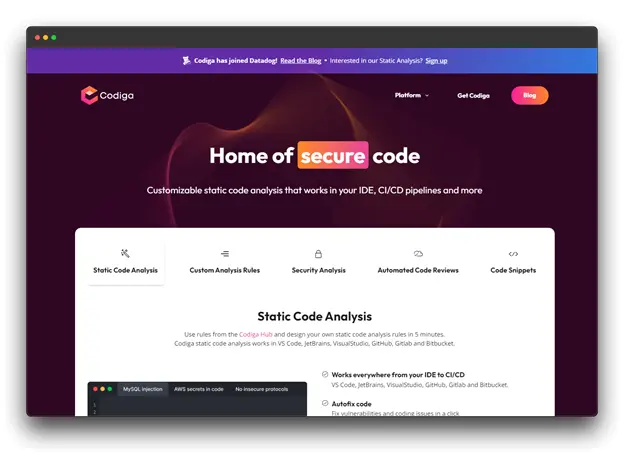 Codiga homepage showcasing a platform for customizable static code analysis. The page features a hero section highlighting secure code development, a navigation bar with links to Platform and ChatGPT Alternative for Coding