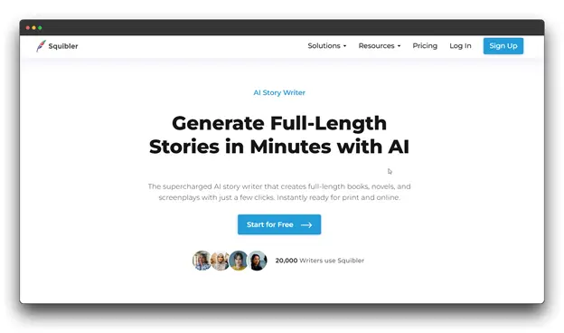 Squibler website homepage with the headline "Generate Full-Length Stories in Minutes with AI."

Keywords: "AI Book Writing Assistant"; "Writing Assistant"; "AI Writing Assistant"