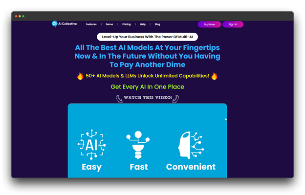 AI Collective landing page promoting multi-AI models with text: "Level-Up Your Business," "All The Best AI Models At Your Fingertips," and icons for Easy, Fast, and Convenient.  AI-Powered Market Research Tool; Market Research Tool