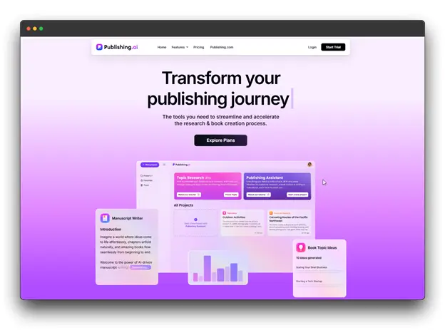 Publishing.ai website homepage with the headline "Transform your publishing journey."

Keywords: "AI Book Writing Assistant"; "Writing Assistant"; "AI Writing Assistant"