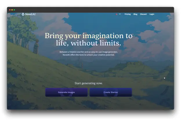 NovelAI website homepage with the tagline "Bring your imagination to life, without limits," and buttons for "Generate Images" and "Create Stories."

Keywords: "AI Book Writing Assistant"; "Writing Assistant"; "AI Writing Assistant"