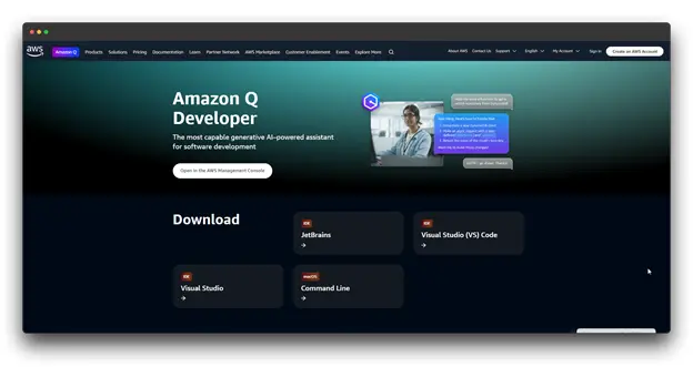Amazon Q Developer homepage showcasing an AI-powered assistant for software development. The page features a woman using the assistant, download buttons for various platforms, and a description of the tool's capabilities and a good Amazon Q Developer homepage showcasing an AI-powered assistant for software development. The page features a woman using the assistant, download buttons for various platforms, and a description of the tool's capabilities and a good chatgpt alternative for coding