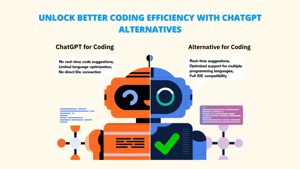 Comparison of ChatGPT for coding versus an alternative coding tool. The image shows a robot representing ChatGPT with limitations and an alternative with features like real-time suggestions, optimized language support, and full IDE compatibility.