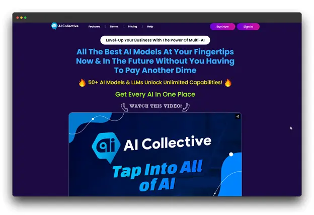 Query successful
A screenshot of the AI Collective website homepage. The page has a dark blue background with purple and orange accents. The main headline reads "Level-Up Your Business With The Power of Multi-AI" and "All The Best AI Models At Your Fingertips Now & In The Future Without You Having To Pay Another Dime.Keywords: AI Writer, Best AI writer for Essays, AI Writer for Essays.
