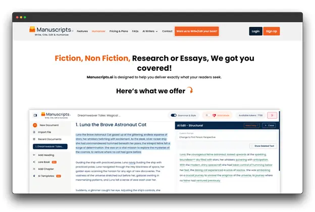Manuscripts.ai website homepage with the headline "Fiction, Non Fiction, Research or Essays, We got you covered!" and a preview of their writing interface. Keywords: "AI Book Writing Assistant"; "Writing Assistant"; "AI Writing Assistant"
