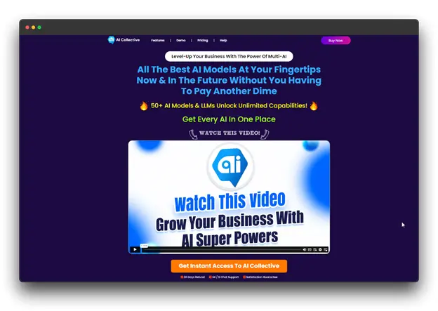 AI Collective website showcasing a platform offering access to multiple AI models and LLMs for business growth. The image includes a video preview and a call to action to watch the video and get instant access and it a ChatGPT Alternative for Coding: