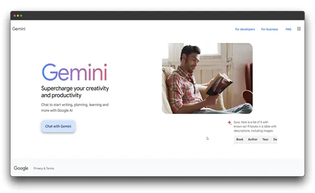 Google AI homepage featuring Gemini, a powerful AI assistant that can help with writing, planning, learning, and more. The image includes a person's face and a search bar and ChatGPT Alternative for Coding