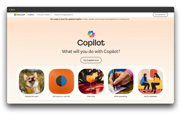 Microsoft Copilot homepage showcasing an AI assistant tool. The page features a colorful logo, a call to action to try Copilot, and several example use cases including preparing for a pet, getting a pros and cons list, planning a trip, writing something, and asking for feedback and a perfect ChatGPT Alternative for Coding: