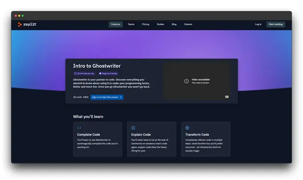 Replit website homepage featuring an introductory course to Ghostwriter, an AI coding assistant. The page includes a course description, a video placeholder, and a list of what you'll learn, including completing code, explaining code, and a ChatGPT Alternative for Coding 