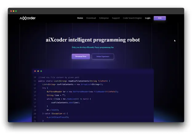 aiXcoder homepage showcasing an AI-powered programming robot. The page includes a download button, a link to try online, and a code snippet example and good ChatGPT Alternative for Coding
