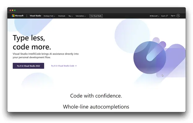 Microsoft Visual Studio homepage showcasing an AI-powered code completion tool called IntelliCode. The page features a colorful background, a headline 'Type less, code more,' and a call to action to try IntelliCode in Visual Studio 2022 or Visual Studio Code and ChatGPT Alternative for Coding