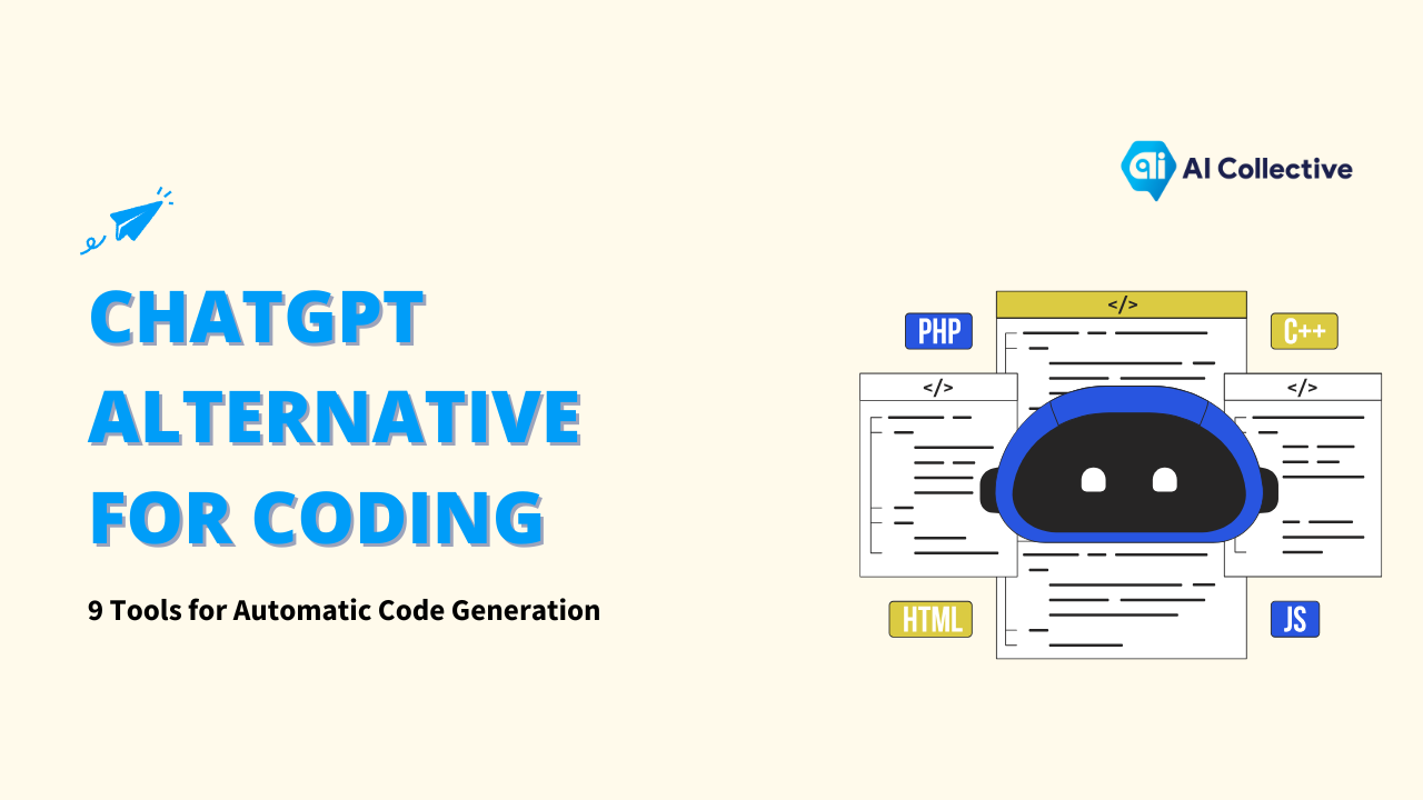 AI Collective website showcasing 9 tools for automatic code generation. The image includes a robot illustration and code snippets in various programming languages like ChatGPT, PHP, HTML, JS, and C++. for ChatGPT Alternative for Coding