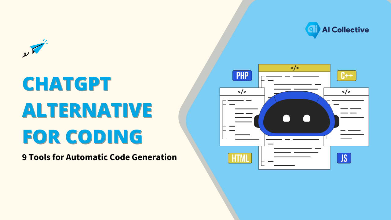AI Collective website showcasing 9 tools for automatic code generation. The image includes a robot illustration and code snippets in various programming languages like ChatGPT, PHP, HTML, JS, and C++. for ChatGPT Alternative for Coding