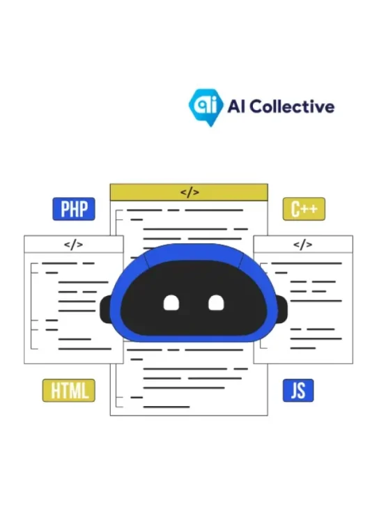 AI Collective website showcasing 9 tools for automatic code generation. The image includes a robot illustration and code snippets in various programming languages like ChatGPT, PHP, HTML, JS, and C++. for ChatGPT Alternative for Coding