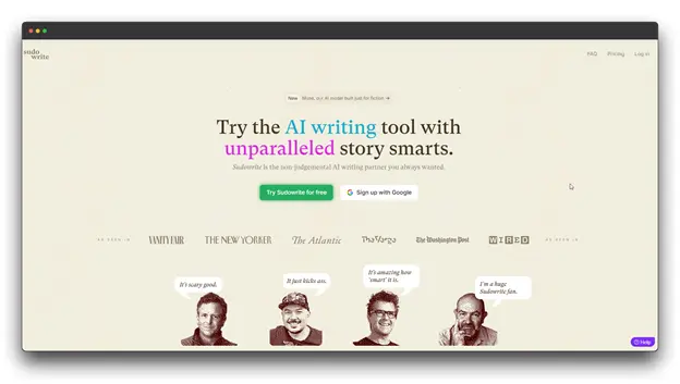 Sudowrite website homepage with the tagline "Try the AI writing tool with unparalleled story smarts."Keywords: "AI Book Writing Assistant"; "Writing Assistant"; "AI Writing Assistant"