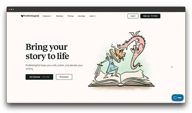 ProWritingAid website homepage with the tagline "Bring your story to life" and an illustration of a knight fighting a dragon emerging from a book.Keywords: "AI Book Writing Assistant"; "Writing Assistant"; "AI Writing Assistant