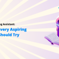 A woman sits at a desk writing, with a stack of books and a document beside her. The text above reads "AI Book Writing Assistant: 9 Tools Every Aspiring Author Should Try." Keywords: "AI Book Writing Assistant"; "Writing Assistant"; "AI Writing Assistant"