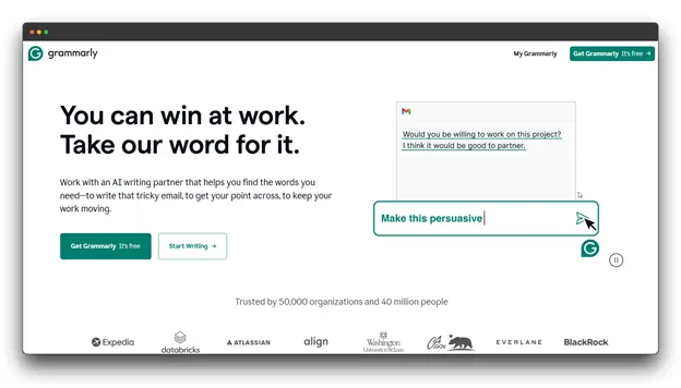 A screenshot of the Grammarly website homepage. The page has a clean, white background with green accents. The main headline reads "You can win at work. Take our word for it." Below this, a paragraph explains, "Work with an AI writing partner that helps you find the words you need—to write that tricky email, to get your point across, to keep your work moving." Keywords: AI Writer, Best AI writer for Essays, AI Writer for Essays.