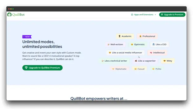 A screenshot of the QuillBot website, showcasing its "Unlimited modes, unlimited possibilities" feature. The left side describes how users can "Get creative and invent your own style with Custom mode." eywords: AI Writer, Best AI writer for Essays, AI Writer for Essays.