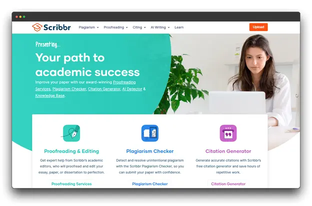 A screenshot of the Scribbr website homepage, focusing on academic success tools. The page highlights "Proofreading & Editing," "Plagiarism Checker," and "Citation Generator" services, with a young woman working on a laptop in the background. Keywords: AI Writer, Best AI writer for Essays, AI Writer for Essays.