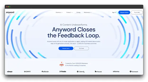 A screenshot of the Anyword website homepage, featuring a central headline "AI Content Underperforms. Anyword Closes the Feedback Loop." The page displays a background of swirling blue and white lines and logos of companies like Vimeo, Sony, and Outbrain at the bottom. Keywords: AI Writer, Best AI writer for Essays, AI Writer for Essays.