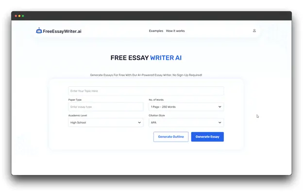 A screenshot of the FreeEssayWriter.ai website, showcasing a clean interface for generating essays. The central form allows users to input "Enter Your Topic Here," select "Paper Type," "No. of Words" (ranging from 1 Page - 250 words), "Academic Level," and "Citation Style," with buttons to "Generate Outline" or "Generate Essay." Keywords: AI Writer for Essays, Best AI writer for Essays, AI Writer.