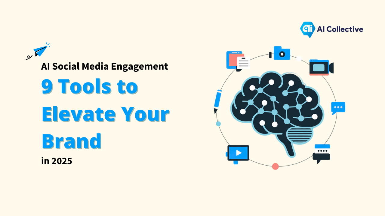 Image depicting 'AI Social Media Engagement: 9 Tools to Elevate Your Brand in 2025' featuring a brain graphic with connected nodes, surrounded by social media icons. Keywords: Generative AI for Content Creation, Generative AI, Content Creation.