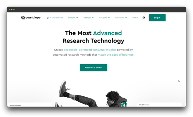 Quantilope homepage showcasing "The Most Advanced Research Technology," with an image of a person relaxing. This service is a Market Research Tool focused on consumer insights.	Market Research Tool; AI-Powered Market Research (implied)