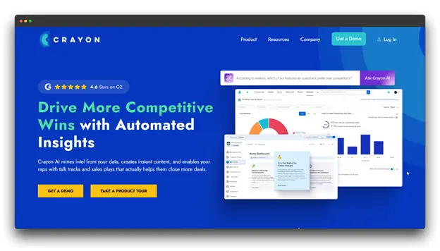 Crayon homepage highlighting "Drive More Competitive Wins with Automated Insights." The dashboard view shows competitive analysis and reports from this AI-Powered Market Research Tool.	AI-Powered Market Research Tool; Market Research Tool