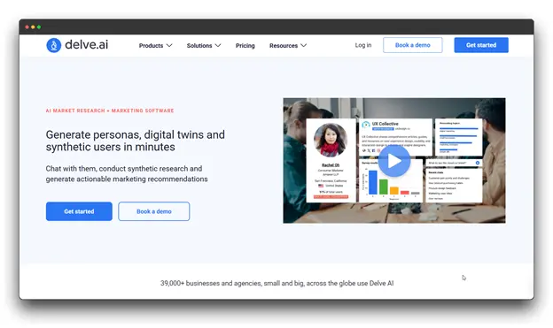 Delve.ai landing page offering to "Generate personas, digital twins and synthetic users" using AI Market Research and marketing software.	AI-Powered Market Research; Market Research Tool