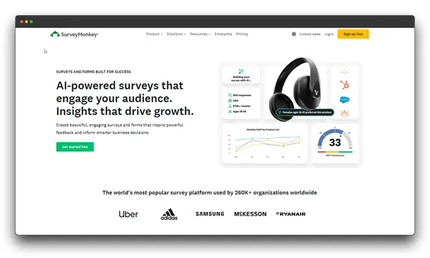 SurveyMonkey homepage promoting "AI-powered surveys that engage your audience." The graphic features headphones, charts, and a large number '33' indicating a robust Market Research Tool.	Market Research Tool; AI-Powered Market Research (explicit in image text)