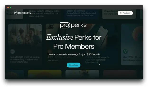 Perplexity Pro Perks overlay screen displaying "Exclusive Perks for Pro Members," showing a savings program and not directly an AI market research interface. 